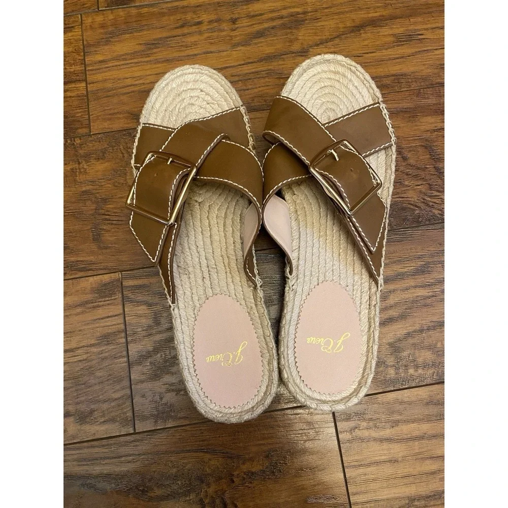 J Crew Women's Cross Strap Espadrille Leather Slides Sandals Brown Size 10.5